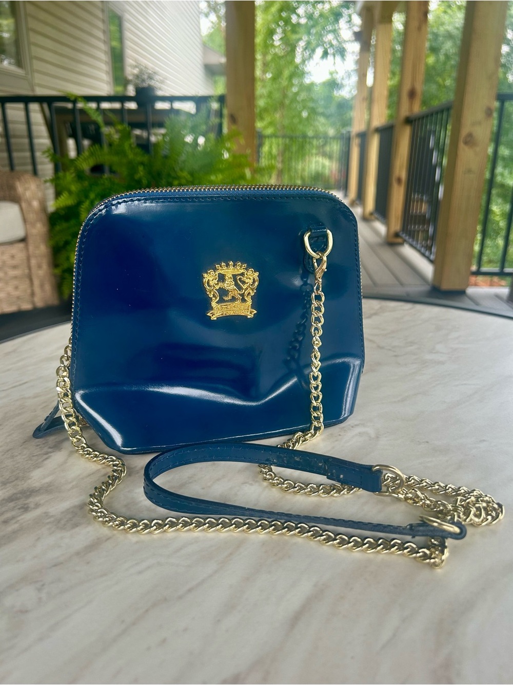 VTG Pratesi Firenze Italian Navy Blue Patent Leather Crossbody Shoulder Dome Bag